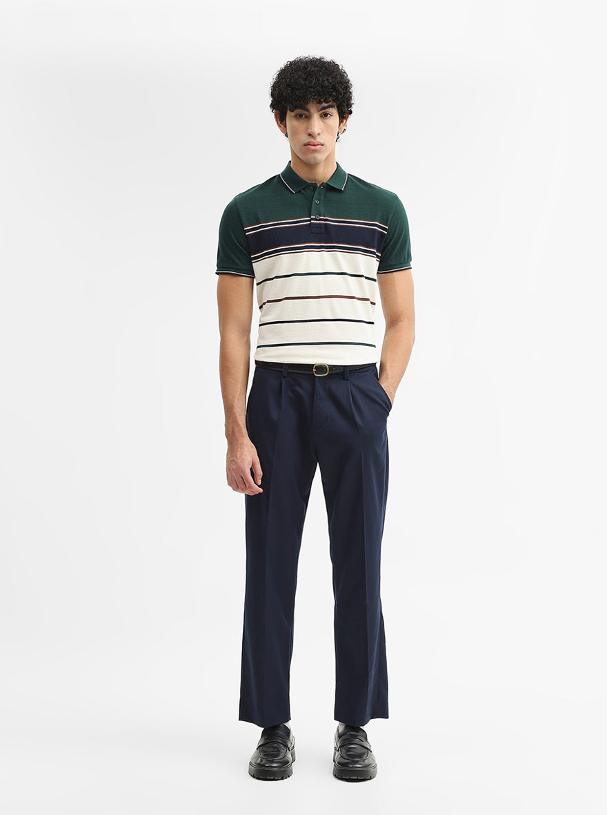 Cream & Blue Striped Slim Fit Polo T-Shirt | JadeBlue
