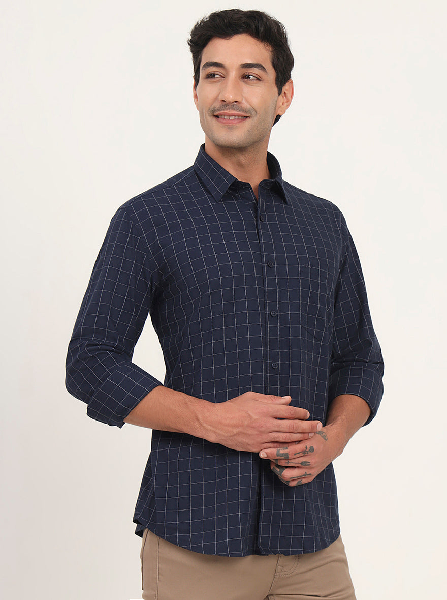 Navy Blue Checked Slim Fit Semi Casual Shirt | JadeBlue