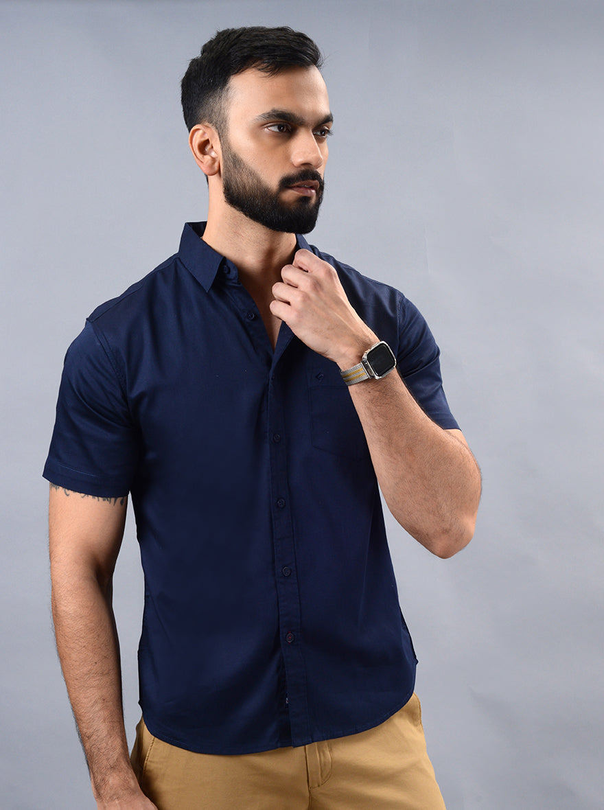Navy Blue Solid Slim Fit Casual Shirt | Greenfibre