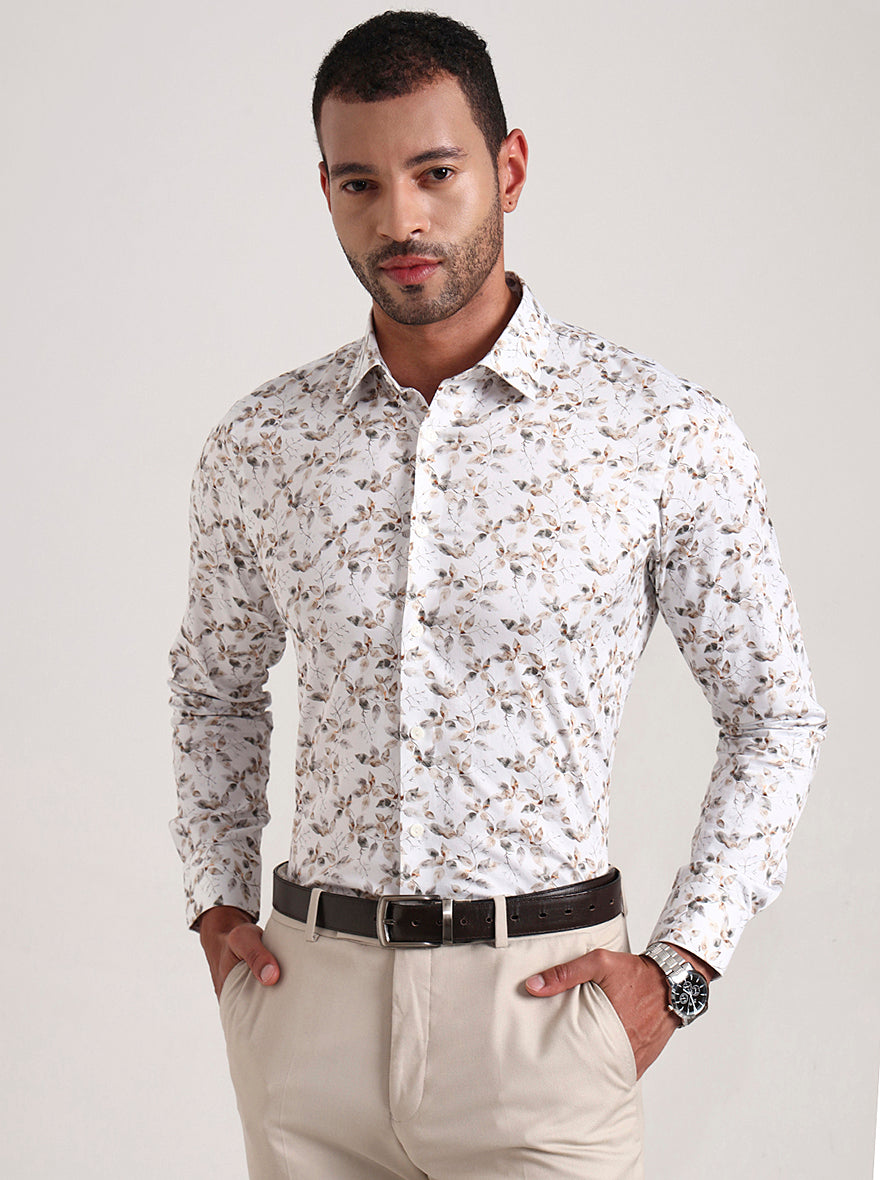 White Base & Grey Printed Slim Fit Party Wear Shirt | Wyre