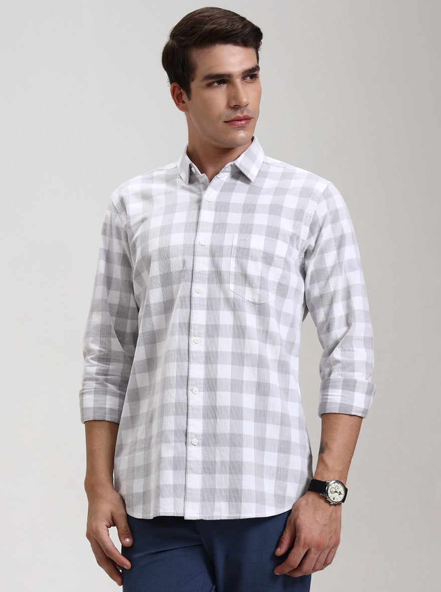 Grey Checked Slim Fit Casual Shirt | JadeBlue