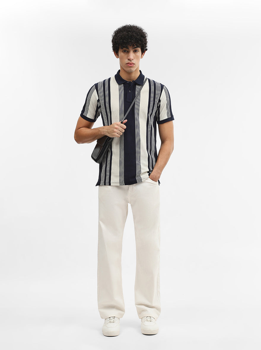 Off White & Navy Blue Striped Slim Fit Polo T-Shirt | Greenfibre
