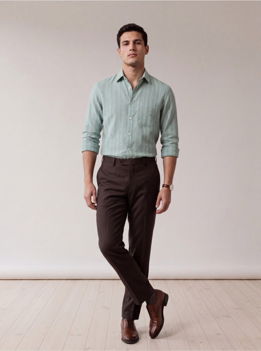 Pista Green Striped Slim Fit Formal Shirt | JadeBlue