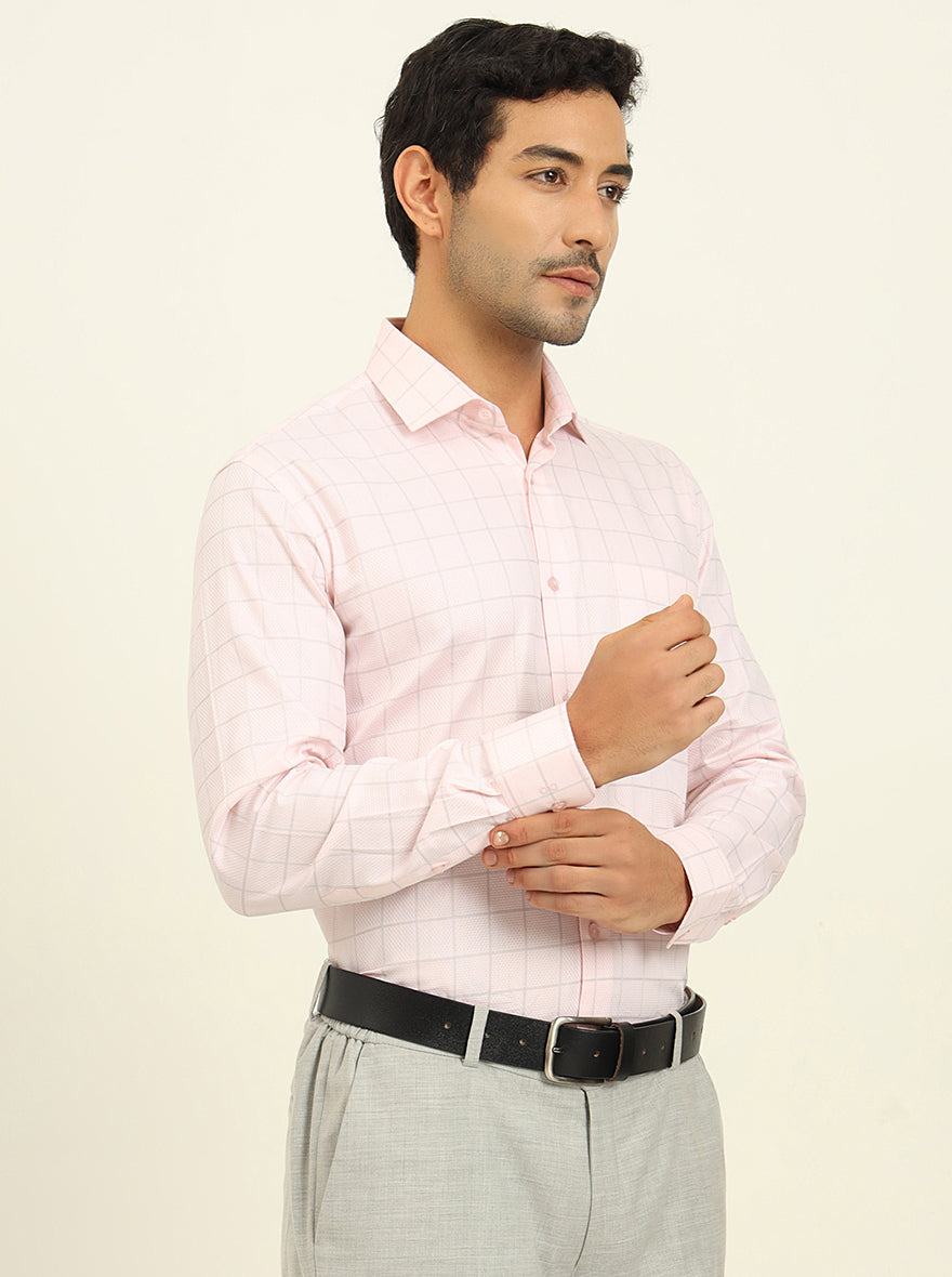 Light Pink Checked Slim Fit Formal Shirt | Metal