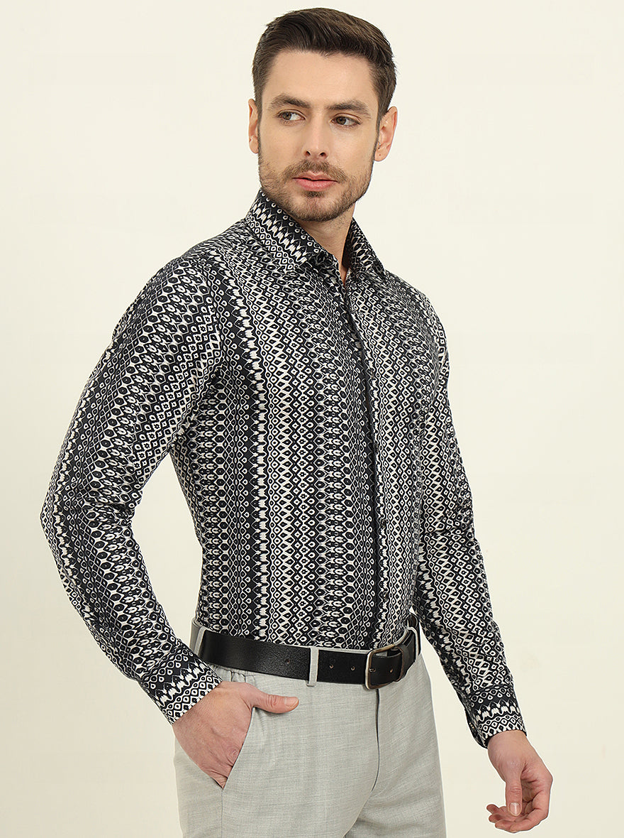Black & Grey Printed Slim Fit Party Wear Shirt | Wyre
