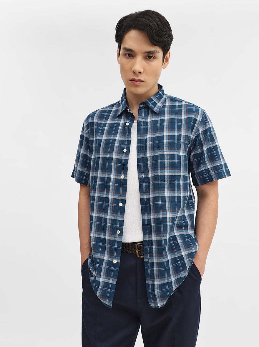 Teal Checked Slim Fit Casual Shirt | Greenfibre