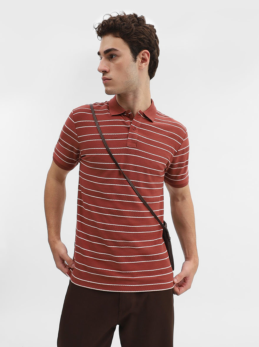 Rust & White Striped Slim Fit Polo T-Shirt | Greenfibre