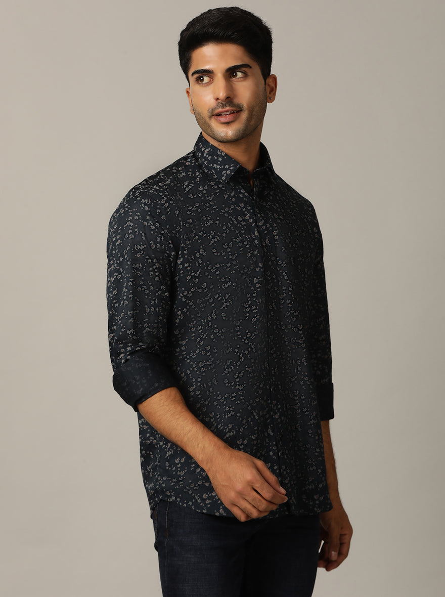 Navy Blue Printed Tailored Fit Semi Casual Shirt | JadeBlue