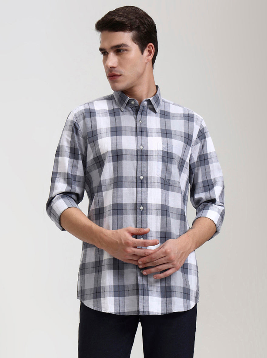 Grey & White Checked Slim Fit Casual Shirt | JadeBlue