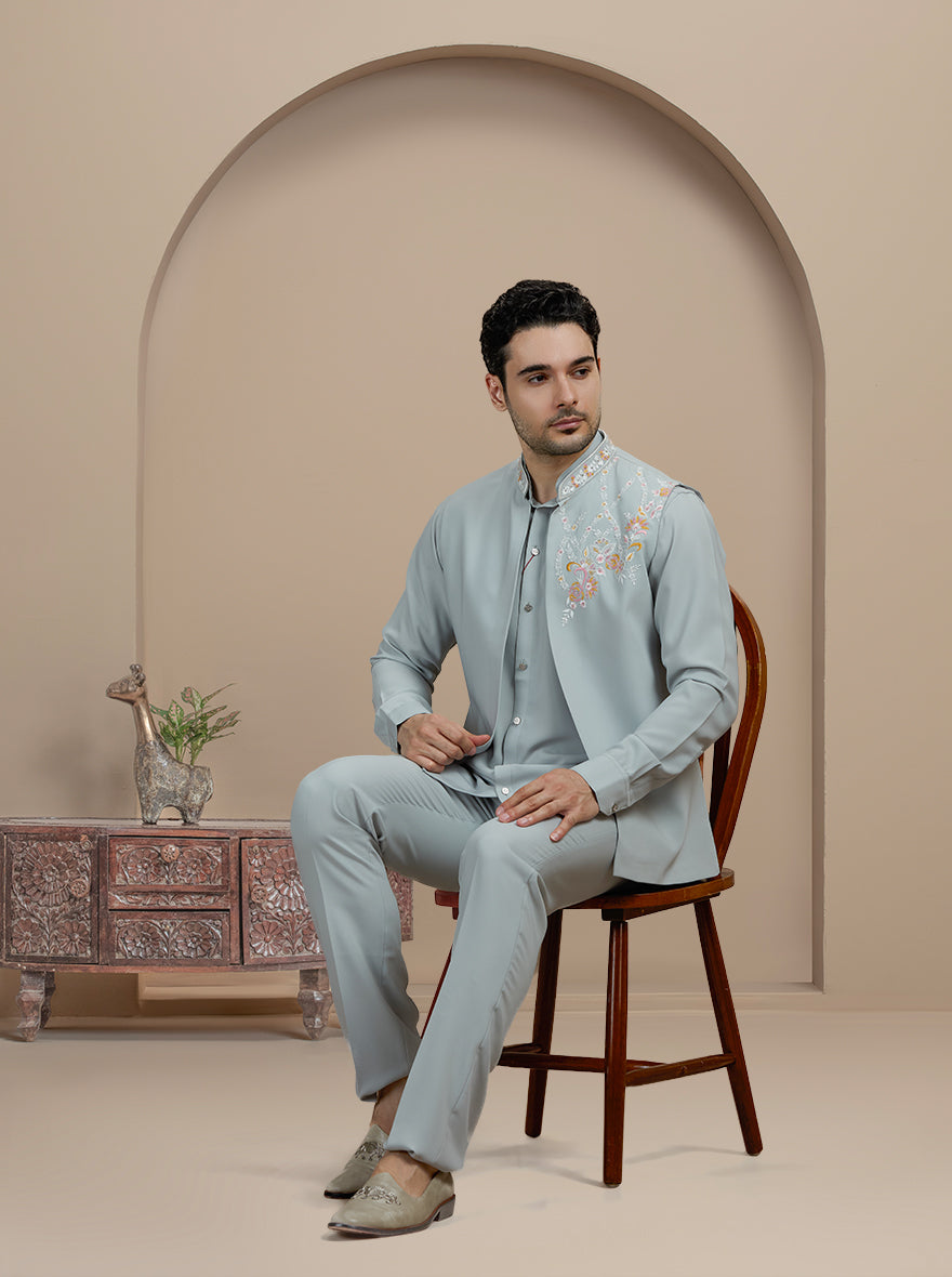 Grey Embroidered Kurta Pajama with Koti | Virasana
