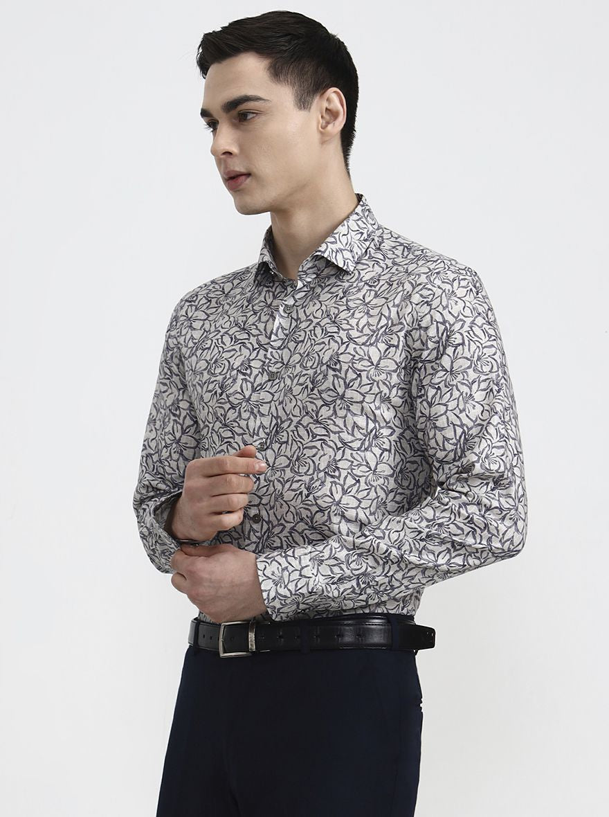 Grey & Blue Printed Regular Fit Party Wear Shirt | Wyre