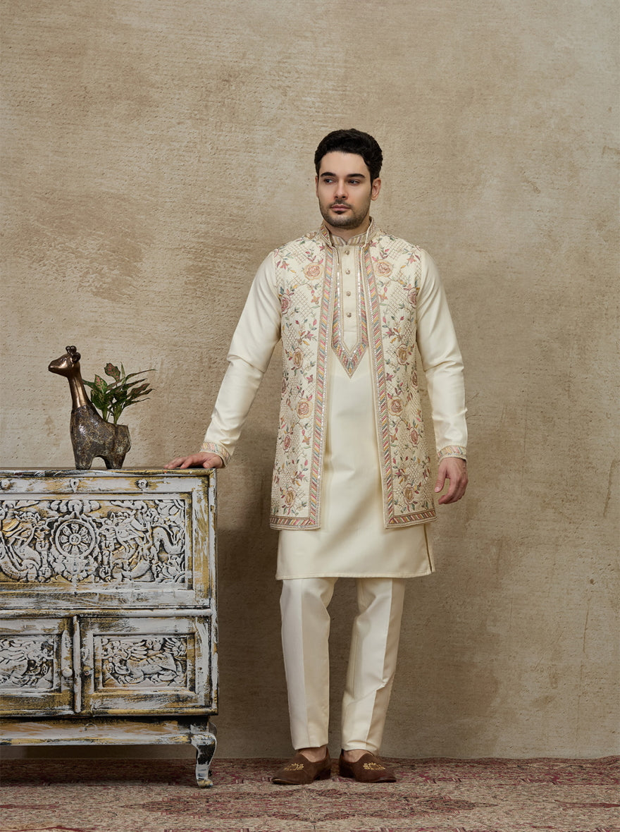 Cream Embroidered Kurta Pajama with Koti | TULA