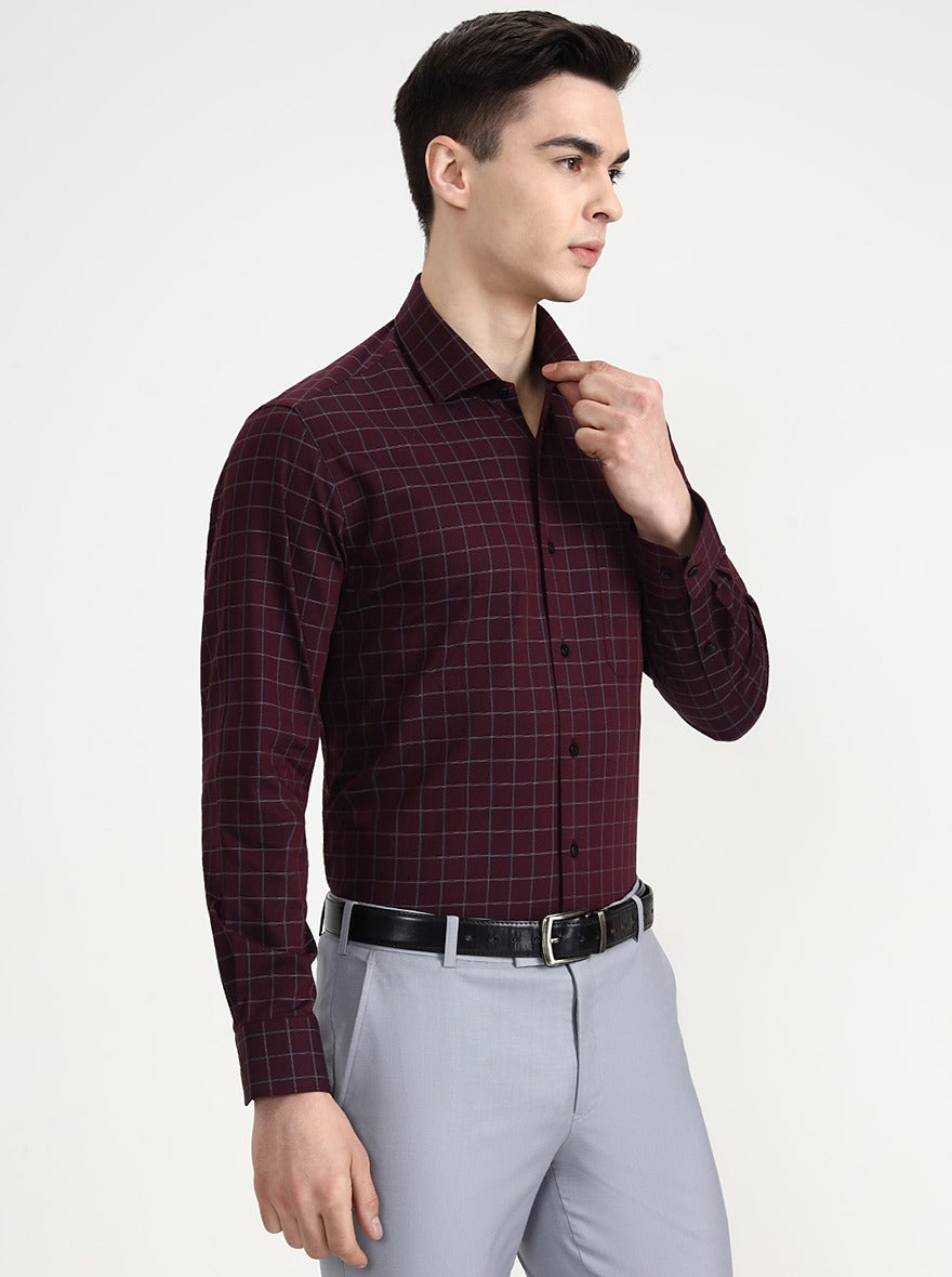 Maroon Checked Slim Fit Formal Shirt | Metal