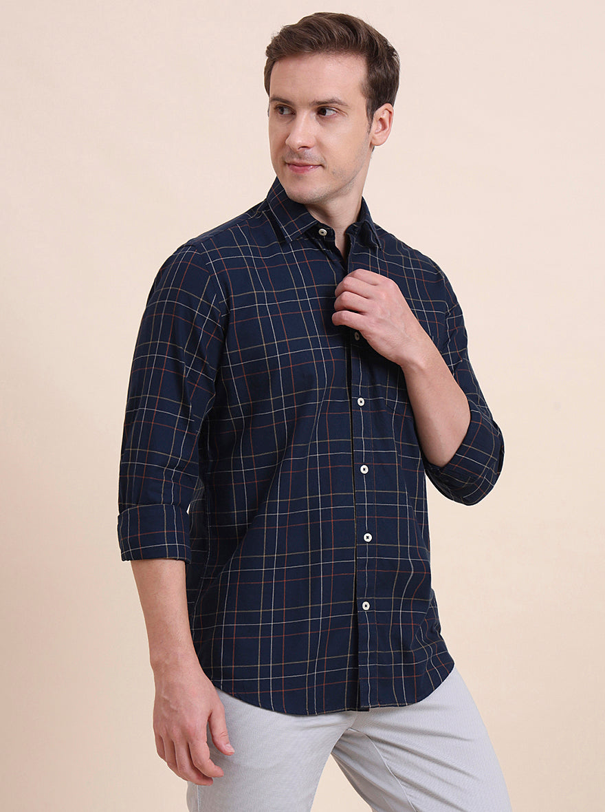 Navy Blue Checked Tailored Fit Semi Casual Shirt | JadeBlue