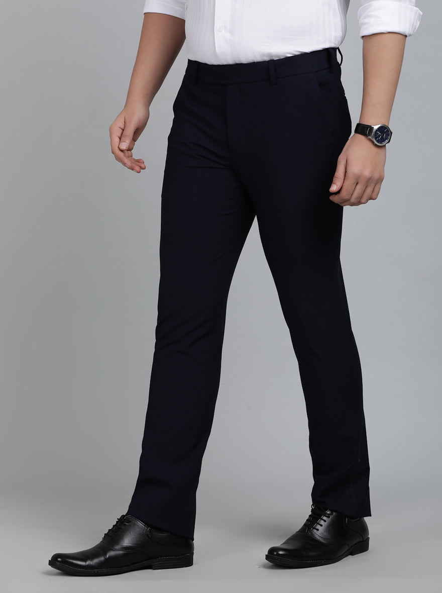 Navy Blue Solid Slim Fit Formal Trouser | Metal