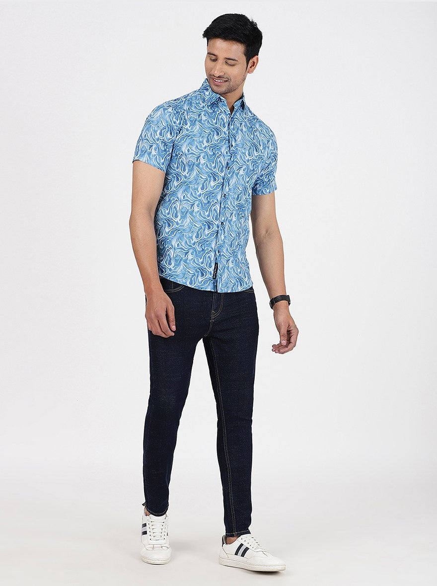 Blue Printed Slim Fit Casual Shirt | JadeBlue
