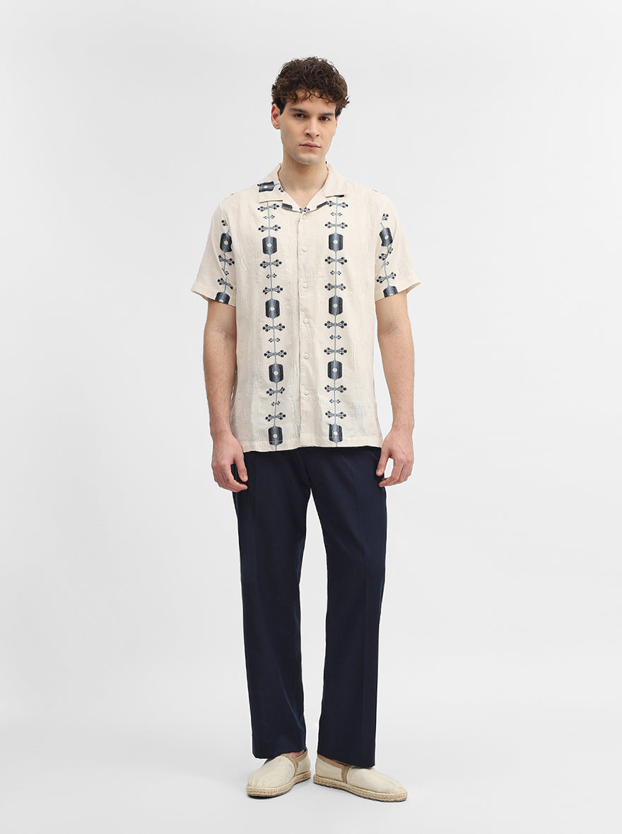 Beige & Blue Jacquard Slim Fit Casual Shirt | JadeBlue