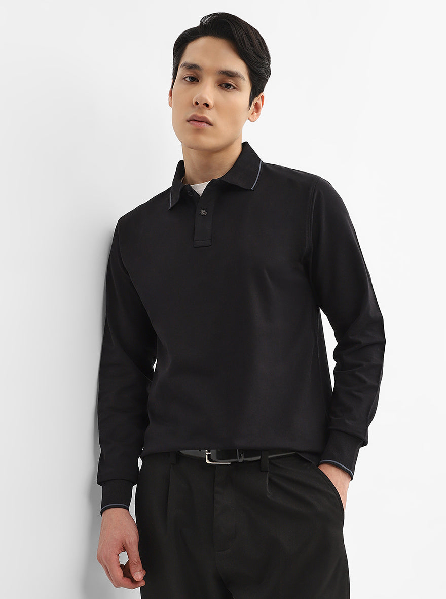 Black Solid Slim Fit Polo T-Shirt | JadeBlue