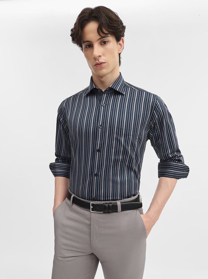 Navy Blue & Grey Striped Slim Fit Formal Shirt | Metal