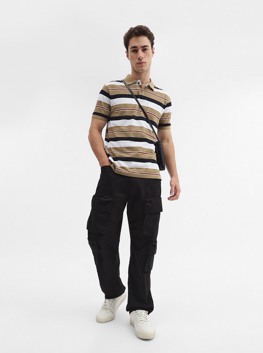 Khaki & White Striped Slim Fit Polo T-Shirt | Greenfibre