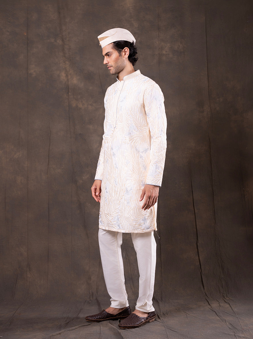 Cream & Sky Blue Embroidered Kurta Pajama | Virasana