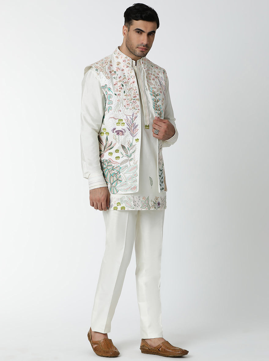 Cream Embroidered Kurta Pajama with Koti | TULA