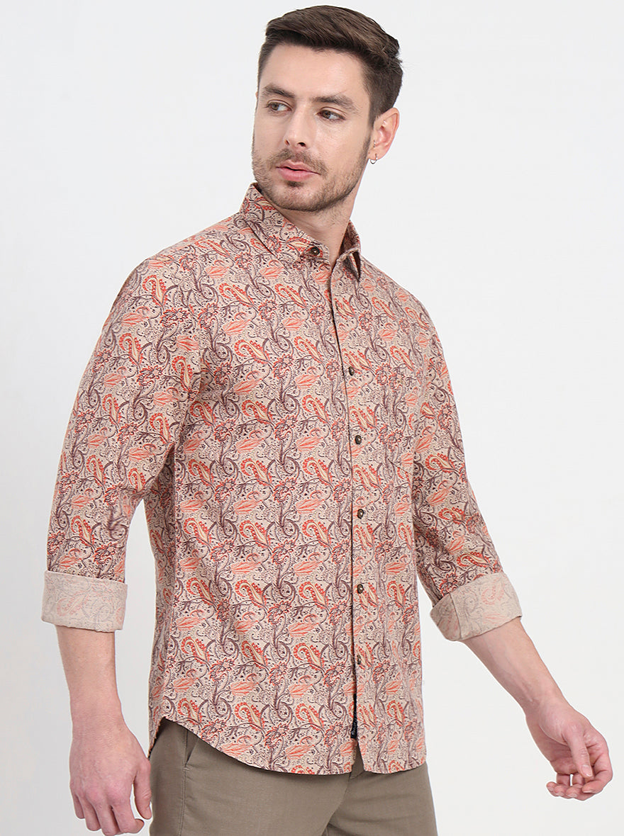Beige & Orange Printed Slim Fit Casual Shirt | JadeBlue