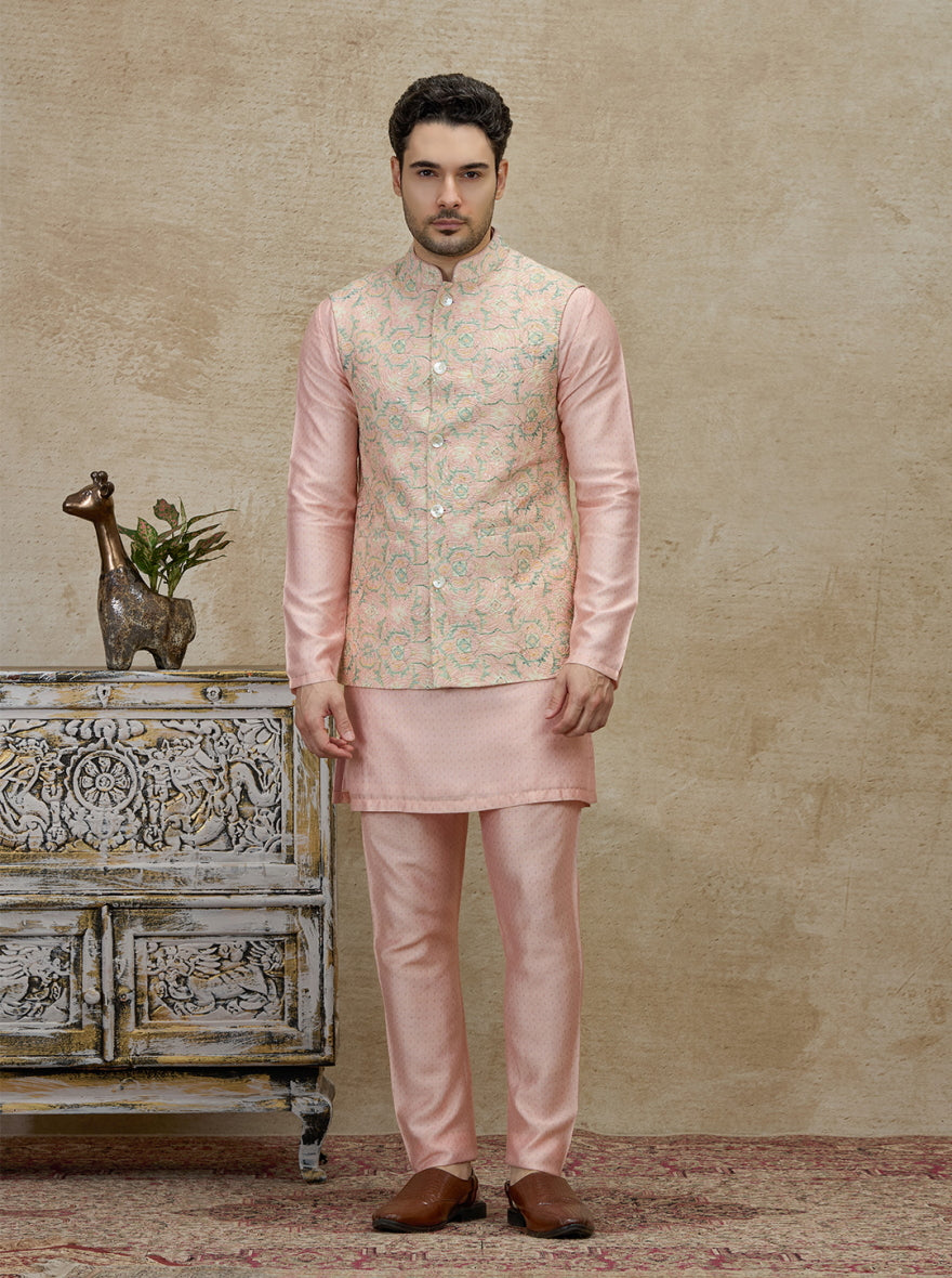 Peach & Pink Printed Kurta Pajama with Koti | TULA