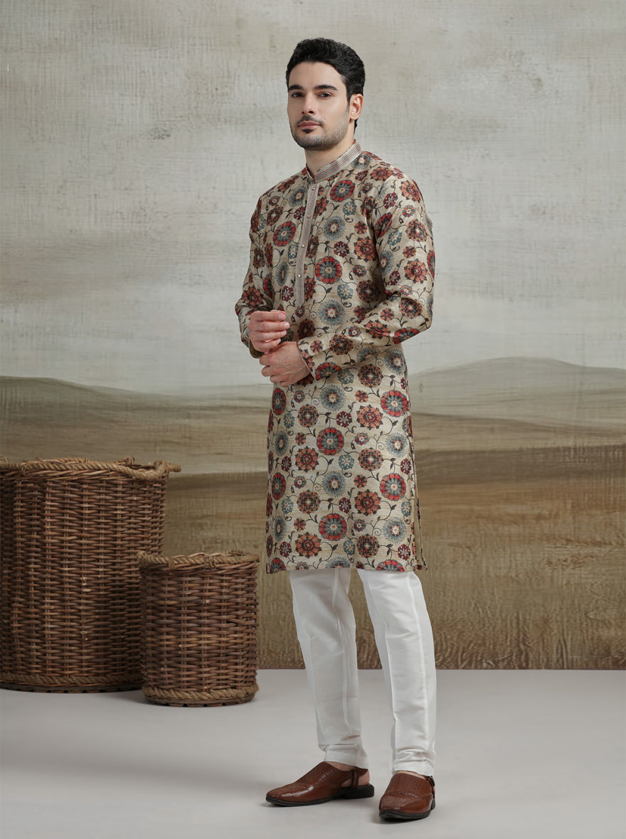 Beige & Multicolor Printed Kurta Pajama | Virasana