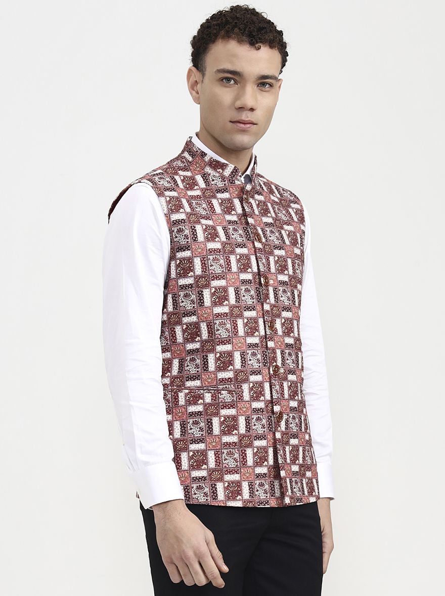 Maroon & White Printed Waistcoat | Greenfibre