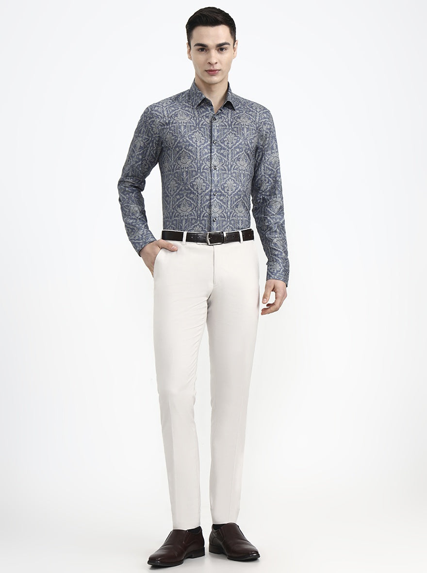 Blue & Grey Printed Slim Fit Party Wear Shirt | Wyre