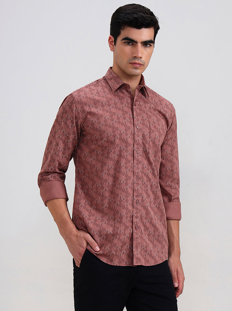 Orange Printed Tailored Fit Semi Casual Shirt | JadeBlue