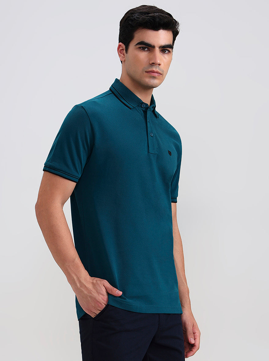 Teal Green Solid Slim Fit Polo T-Shirt | JadeBlue