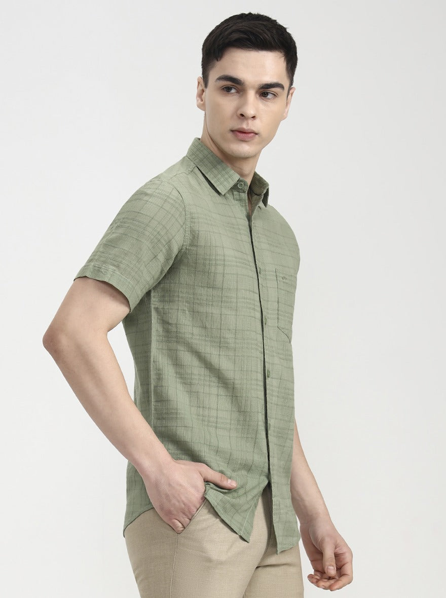Green Checked Slim Fit Casual Shirt | JadeBlue