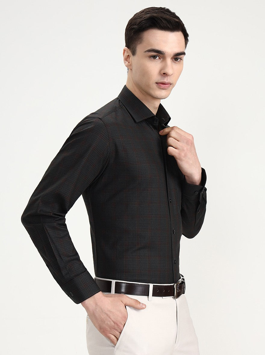Dark Green Checked Slim Fit Formal Shirt | Metal