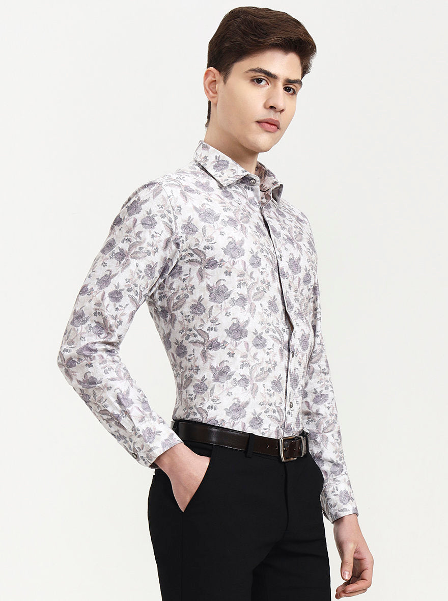 Cream & Grey Printed Slim Fit Party Wear Shirt | Wyre