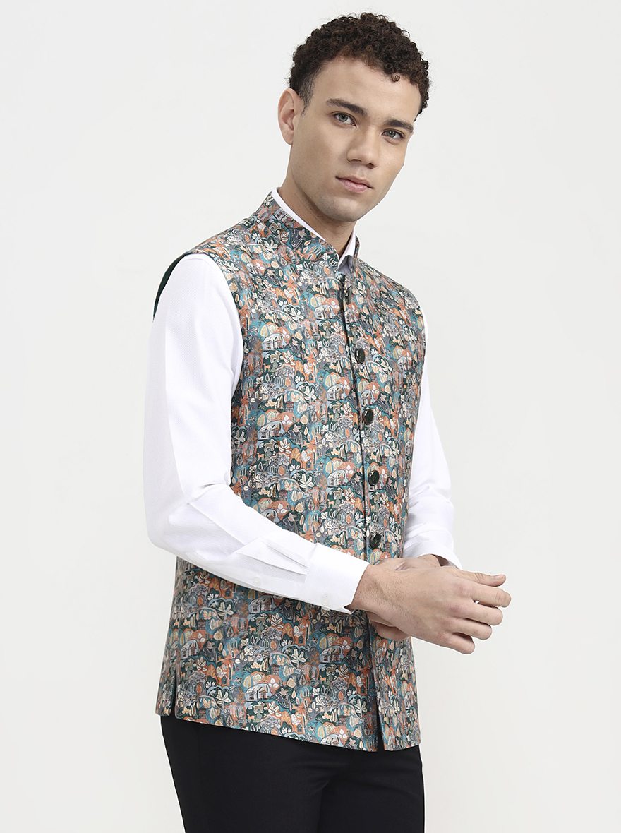 Green & Orange Printed Waistcoat | Greenfibre
