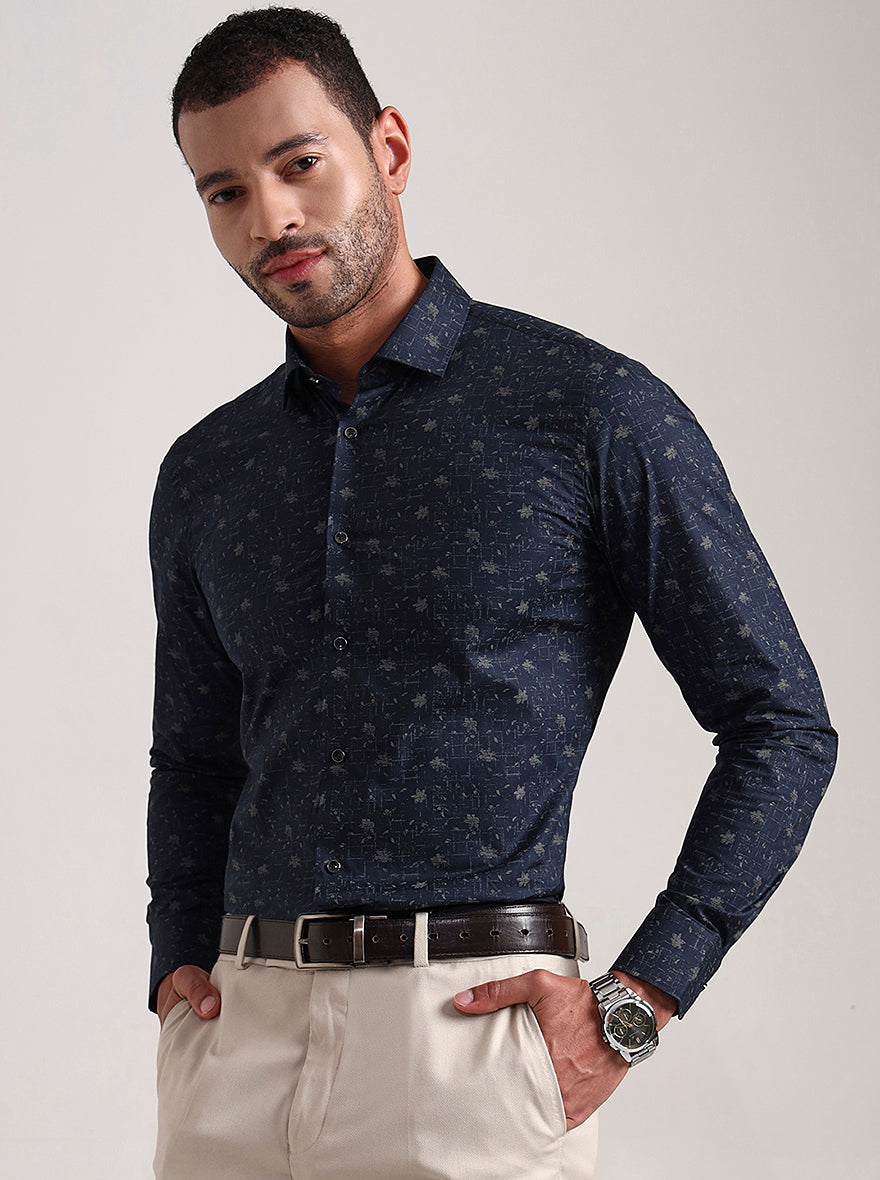 Navy Blue Printed Slim Fit Party Wear Shirt | Wyre