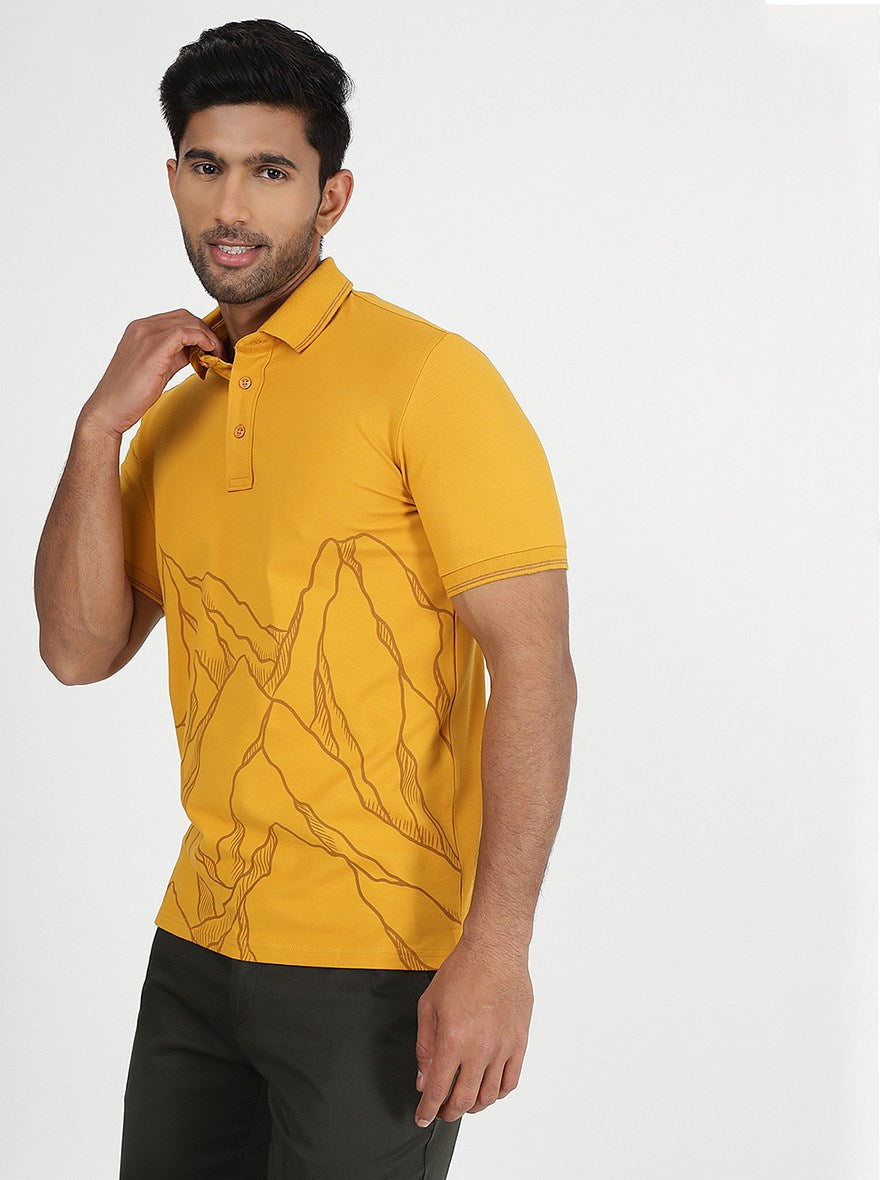Mustard Yellow Printed Slim Fit Polo T-Shirt | JadeBlue