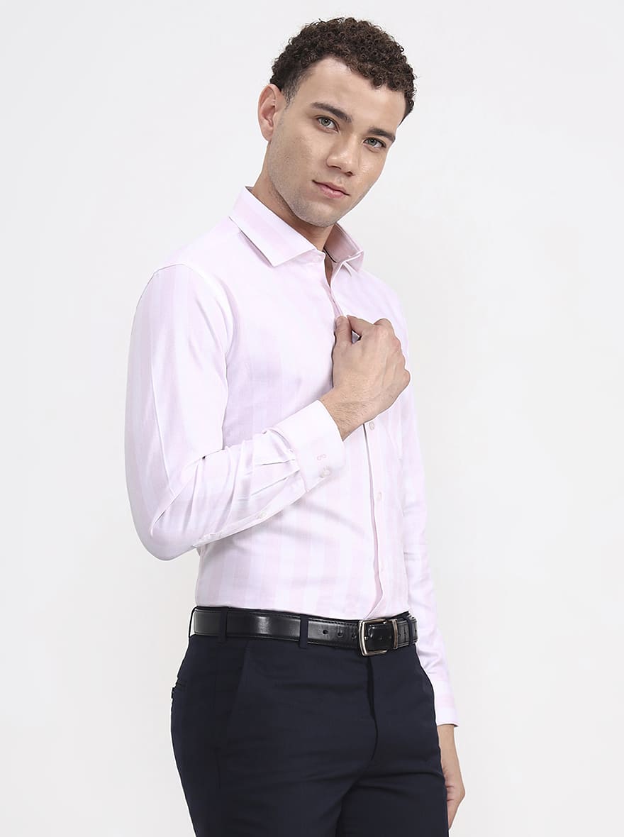 White & Pink Striped Slim Fit Formal Shirt | Metal