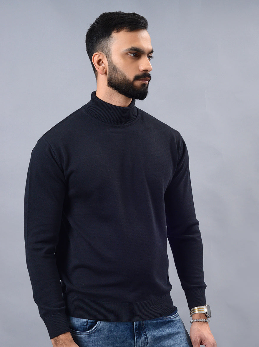 Navy Blue Solid Slim Fit Winter T-Shirt | JadeBlue