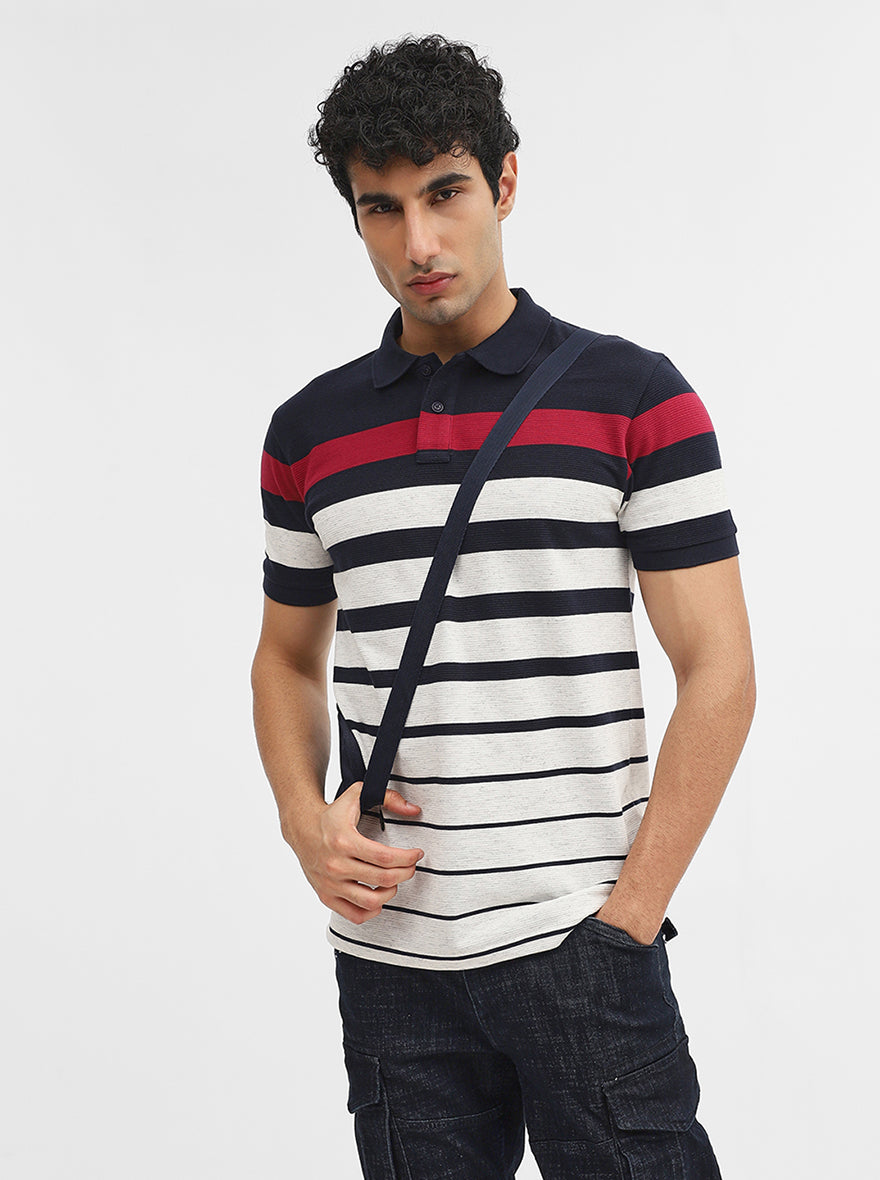 Navy Blue & White Striped Slim Fit Polo T-Shirt | Greenfibre