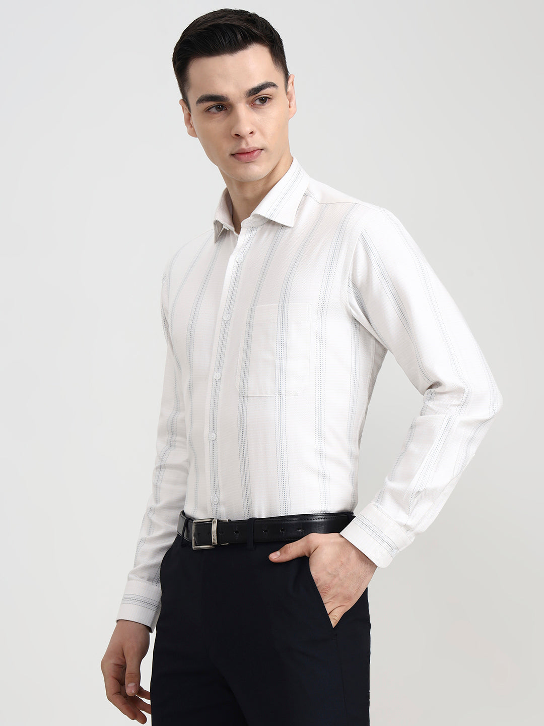 White & Grey Solid Slim Fit Formal Shirt | Metal