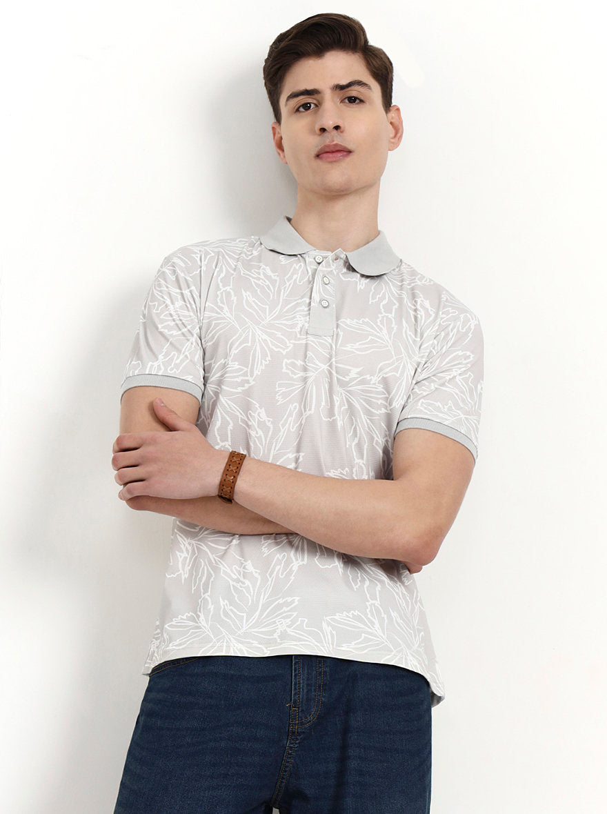 Light Grey Printed Slim Fit Polo T-Shirt | JadeBlue
