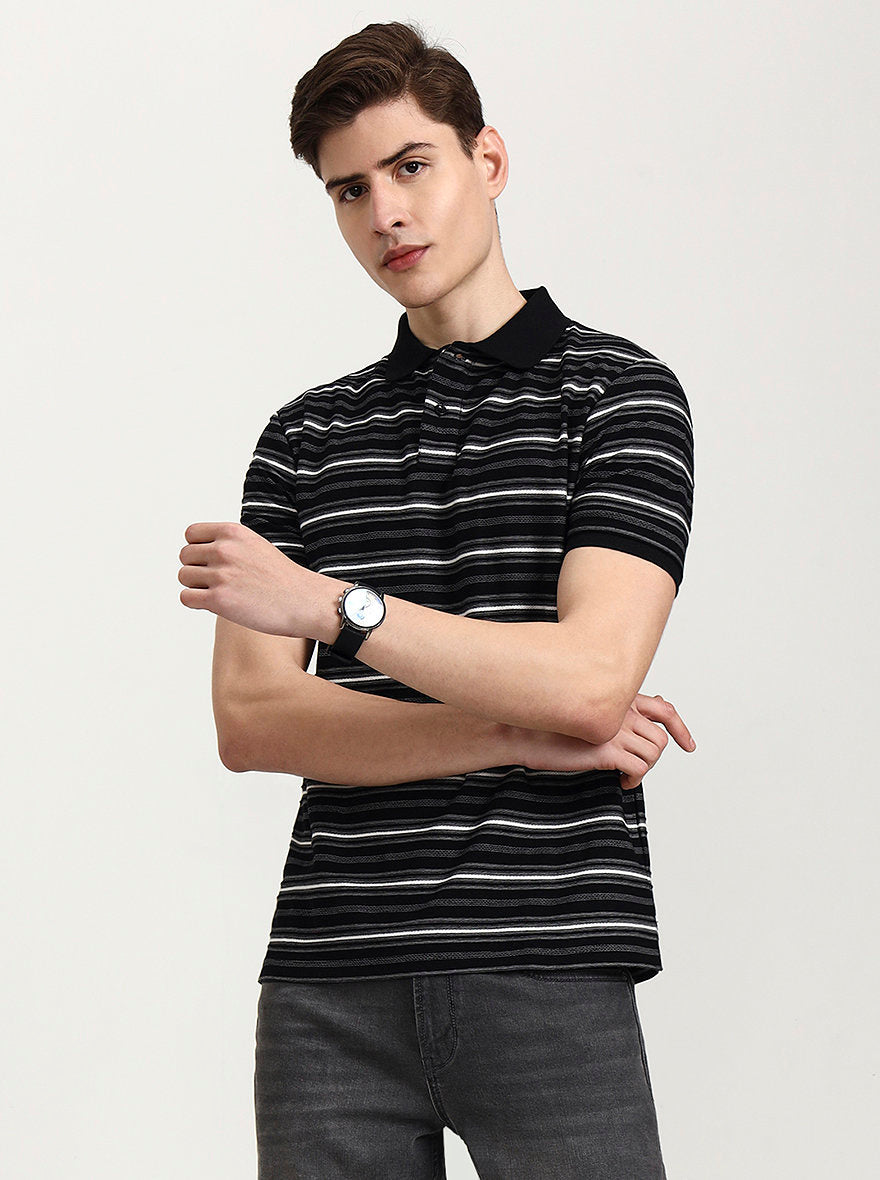 Black & White Striped Slim Fit Polo T-Shirt | Greenfibre