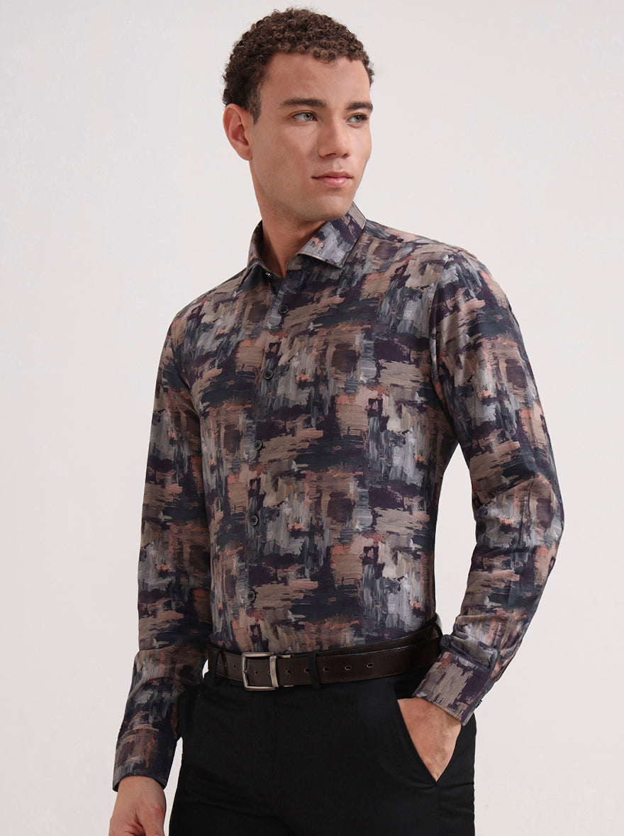 Brown & Grey Printed Slim Fit Party Wear Shirt | Wyre