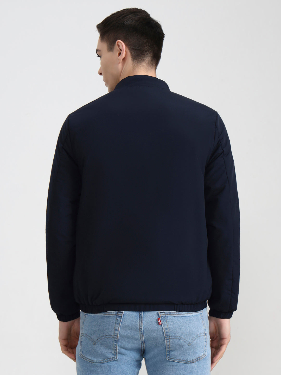 Navy Blue Solid Slim Fit Winter Jacket | Greenfibre