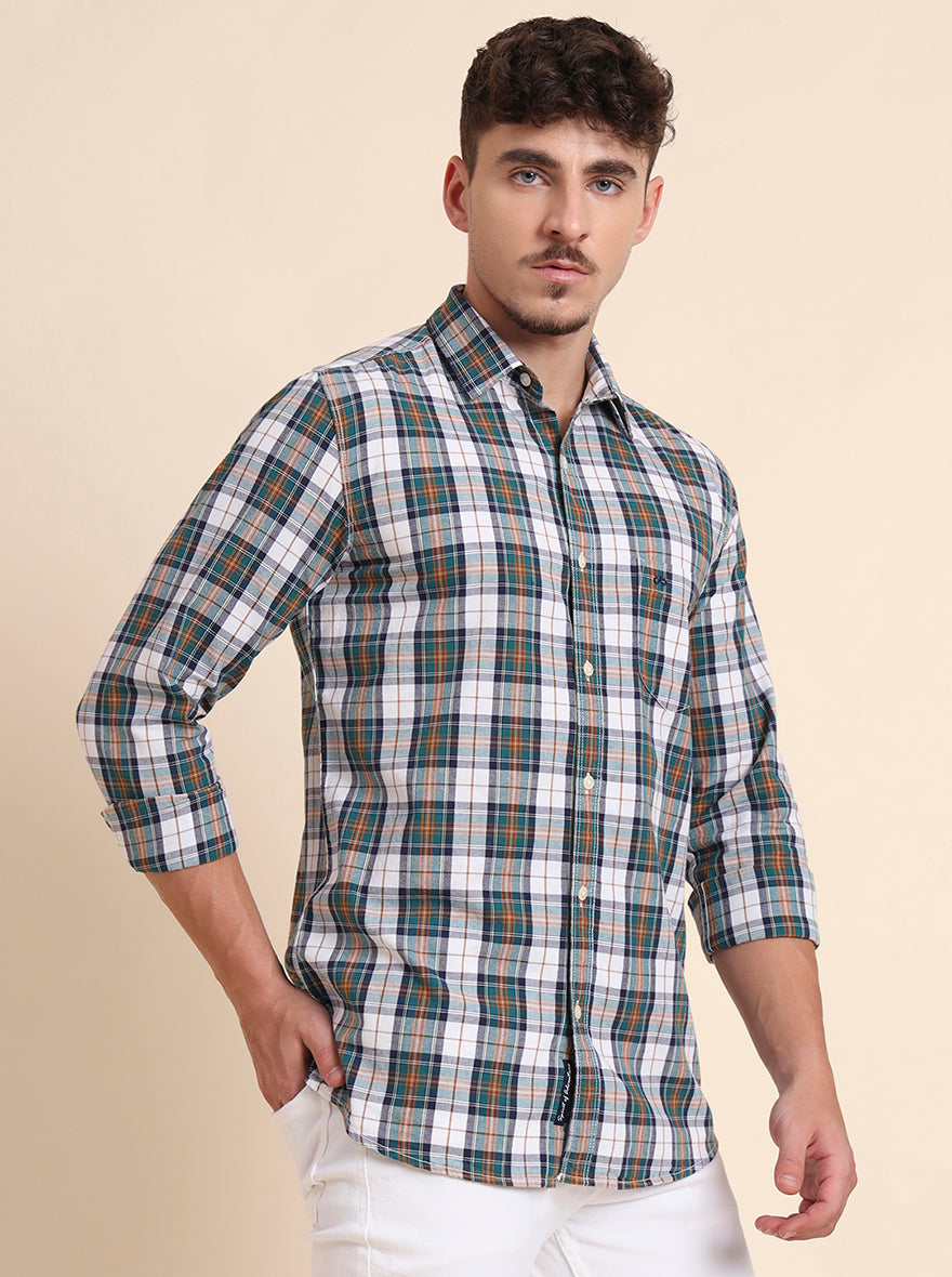 Teal Green Checked Slim Fit Casual Shirt | JadeBlue