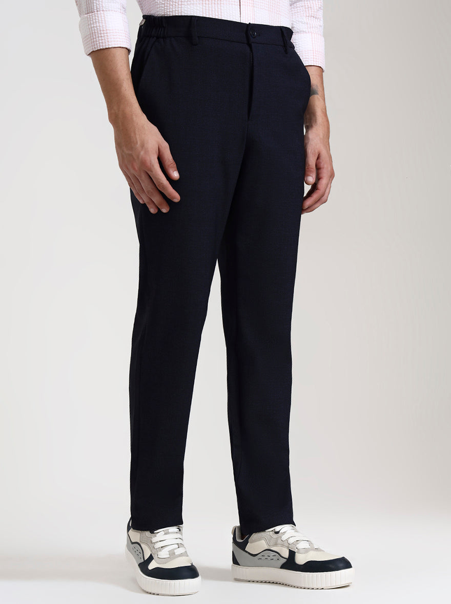 Navy Blue Checked Slim Fit Casual Trouser | JadeBlue