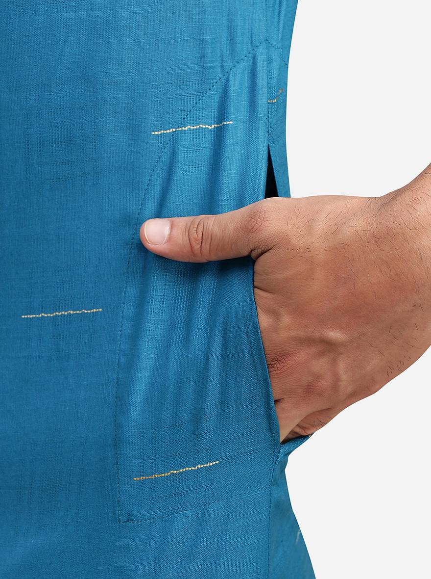 Blue Cotton Blend Self Design Kurta | The Kurta Company